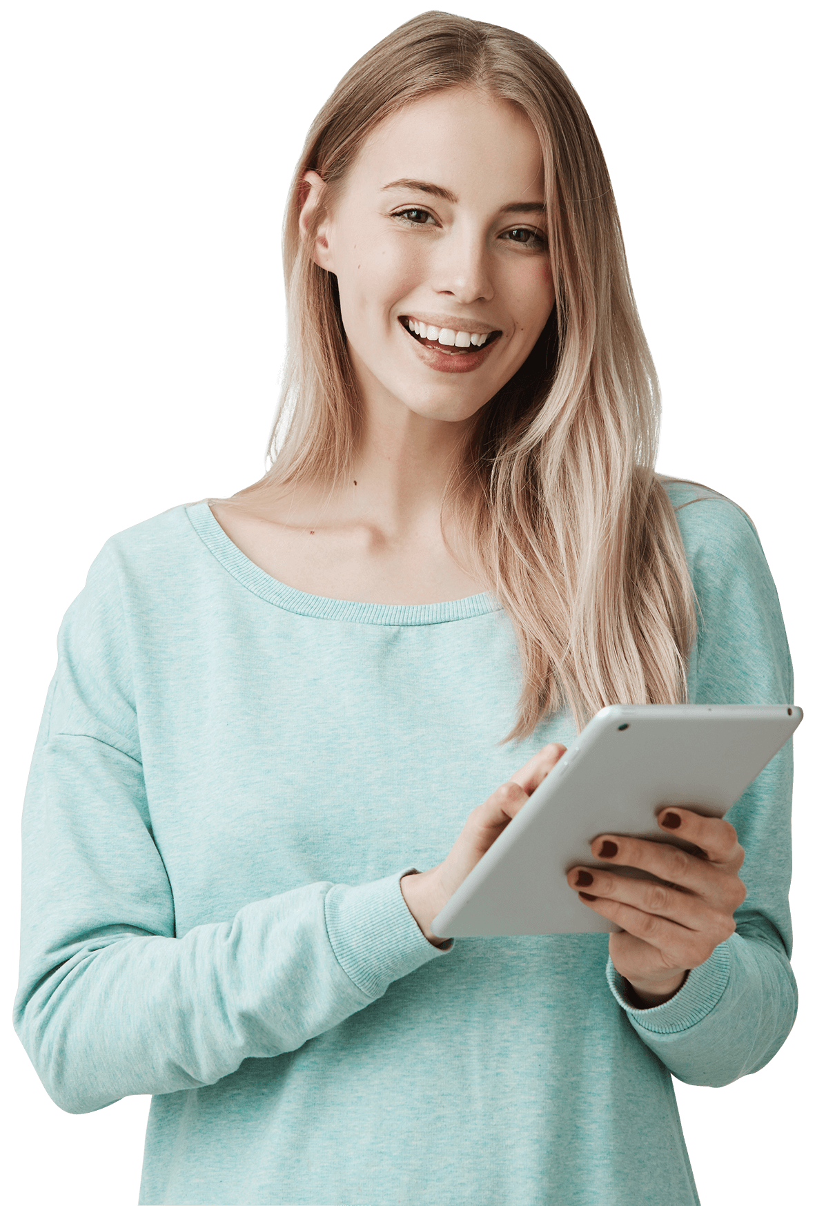 Chica sonriente sujetando un Ipad