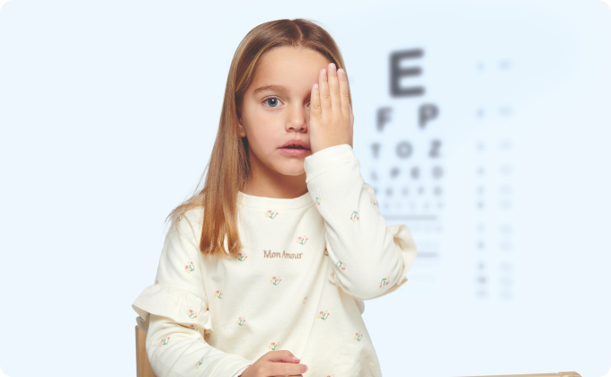 niña rubia sentada en mesa tapándose un ojo