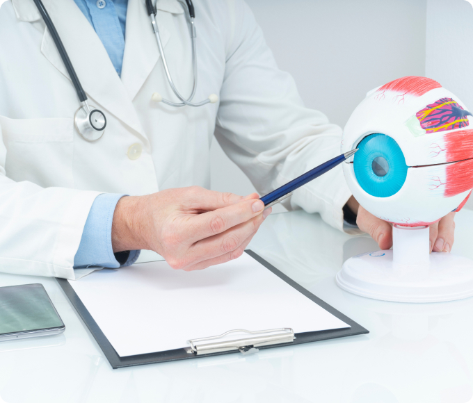 oftalmólogo señalando el iris de un ojo